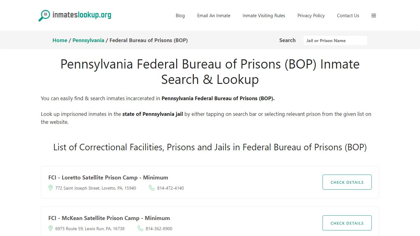 Pennsylvania Federal Bureau of Prisons (BOP) Inmate Search & Lookup